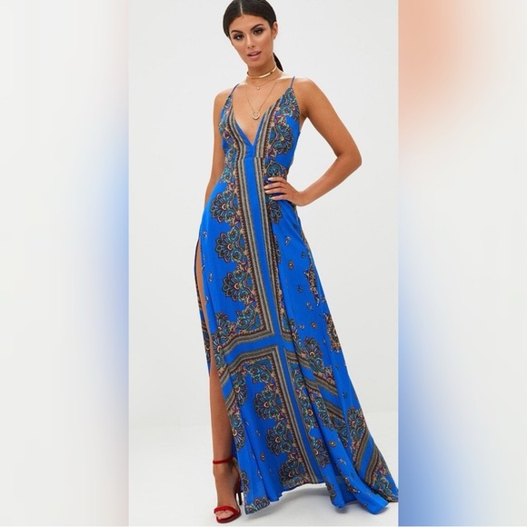 PrettyLittleThing Blue and Gold Maxi Dress with Slit - Picture 1 of 7